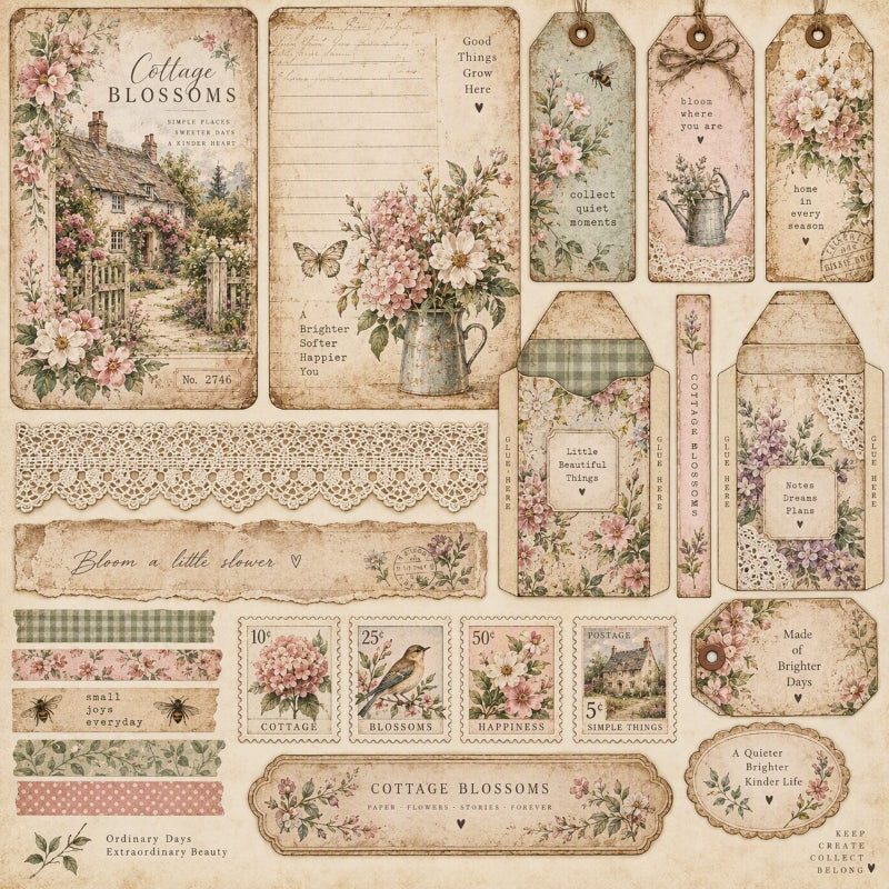 Cottage Blossoms-Premade Junk Journal Page