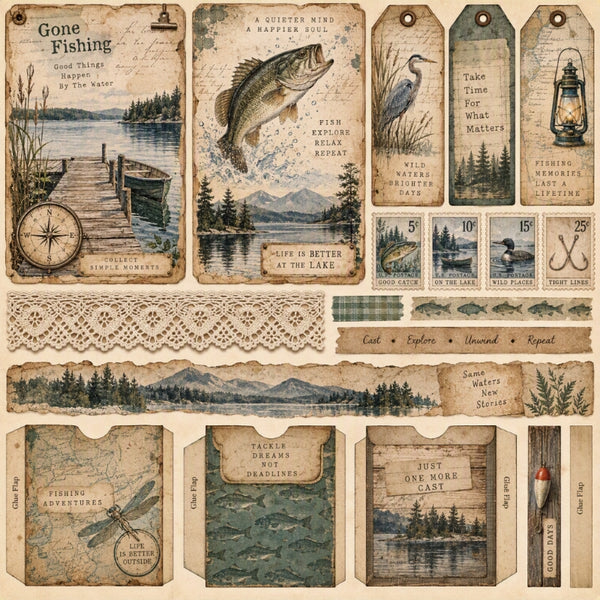 Gone Fishing-Premade Junk Journal Page