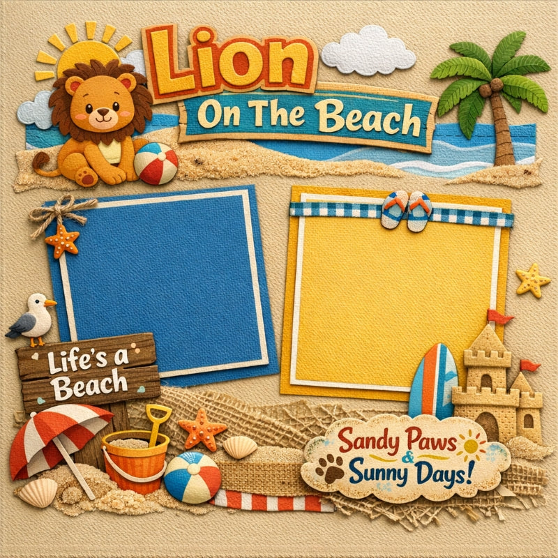 Lion On The Beach-Premade Scrapbook Page